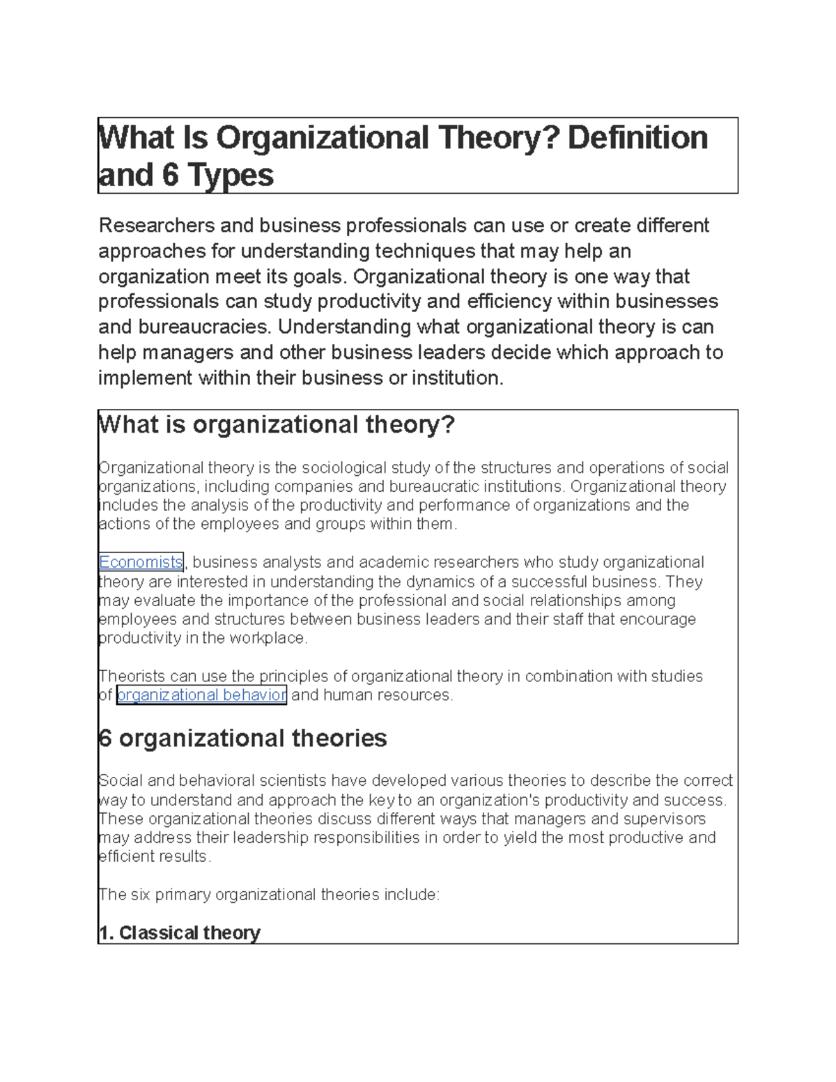 Organizational Theory: Key Concepts and 6 Major Theories - Final