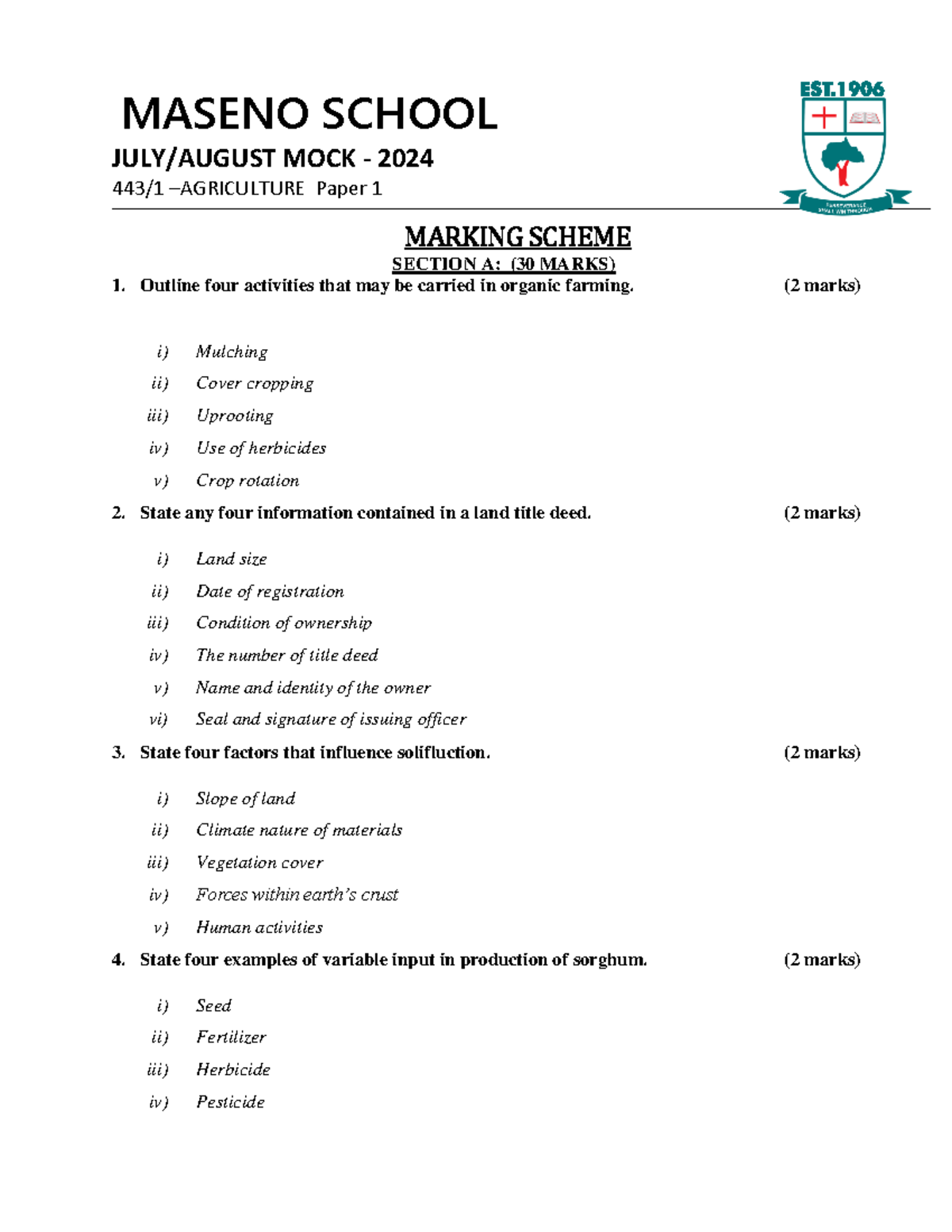 Agriculture Paper 1 MOCK Exam - 443/1 Marking Scheme 2024 - Studocu