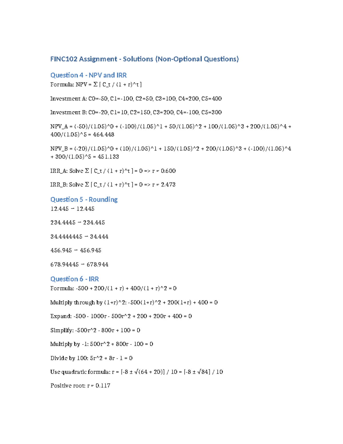 FINC102 Assignment 2 Solutions - NPV, IRR, and More - Studocu