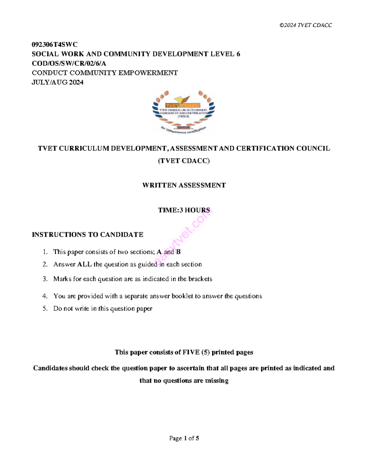 TVET CDACC 092306T4SWC Community Empowerment Past Exam Paper 2024 Studocu