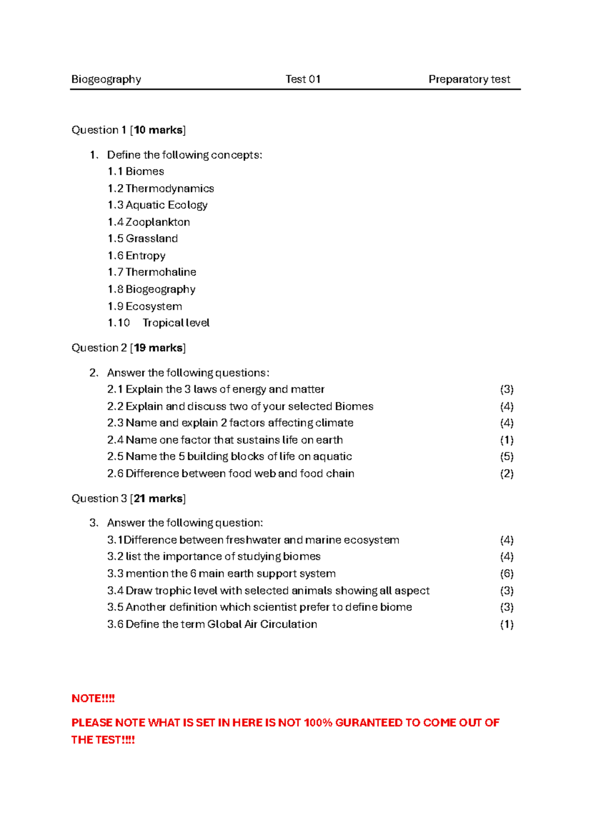 Biogeography Test 01: Prep Questions & Concepts Review - Studocu