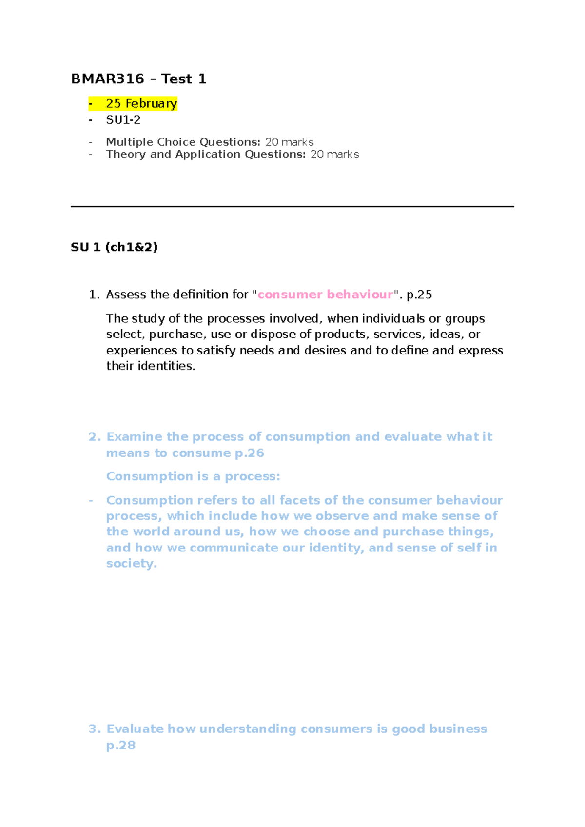BMAR316 Test 1: MCQs & Theory on Consumer Behaviour (Feb 25) - Studocu
