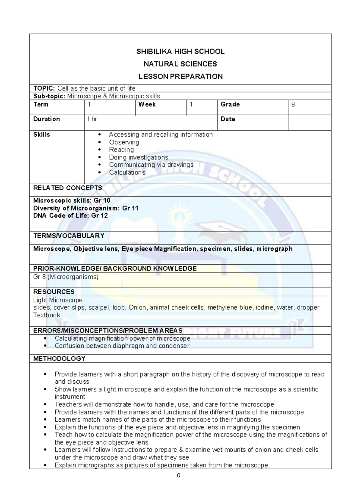 Grade 9 NS Lesson Plans: Cell as the Basic Unit of Life & Microscope ...