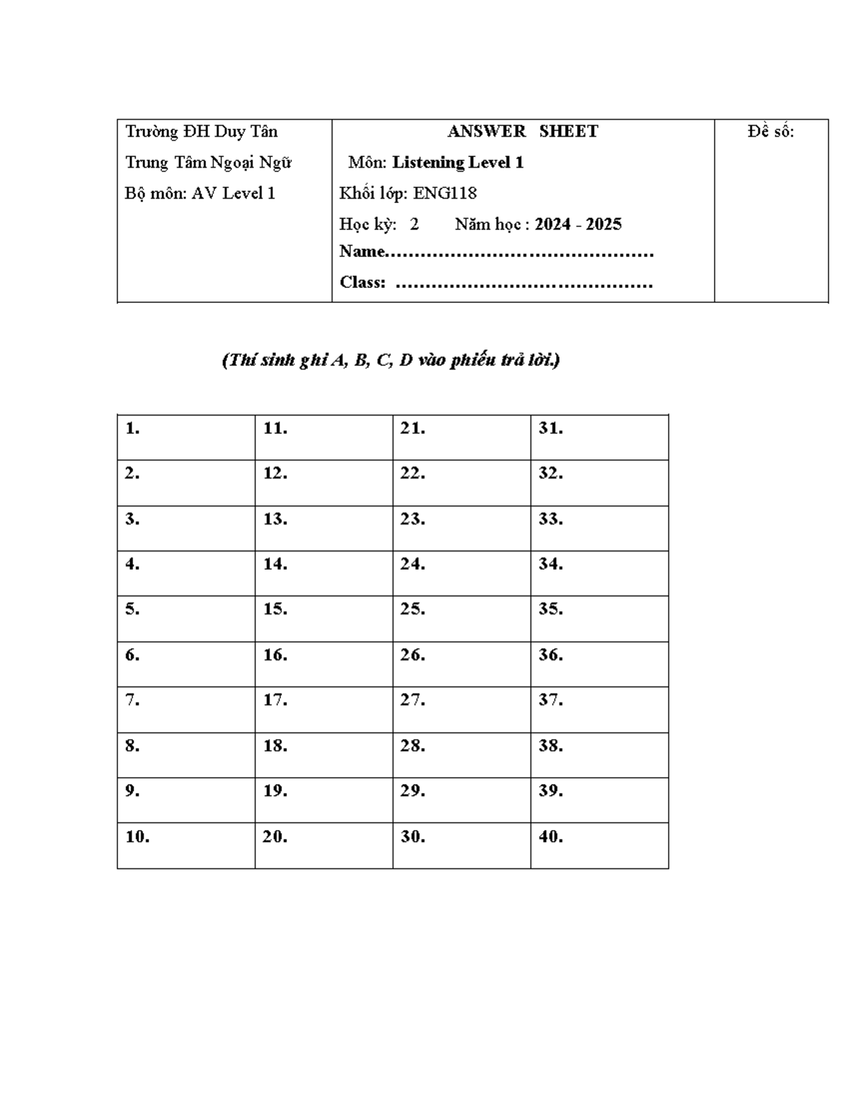 Answer Sheet - L1 - Nghe - Trường ĐH Duy Tân Trung Tâm Ngoại Ngữ Bộ môn ...