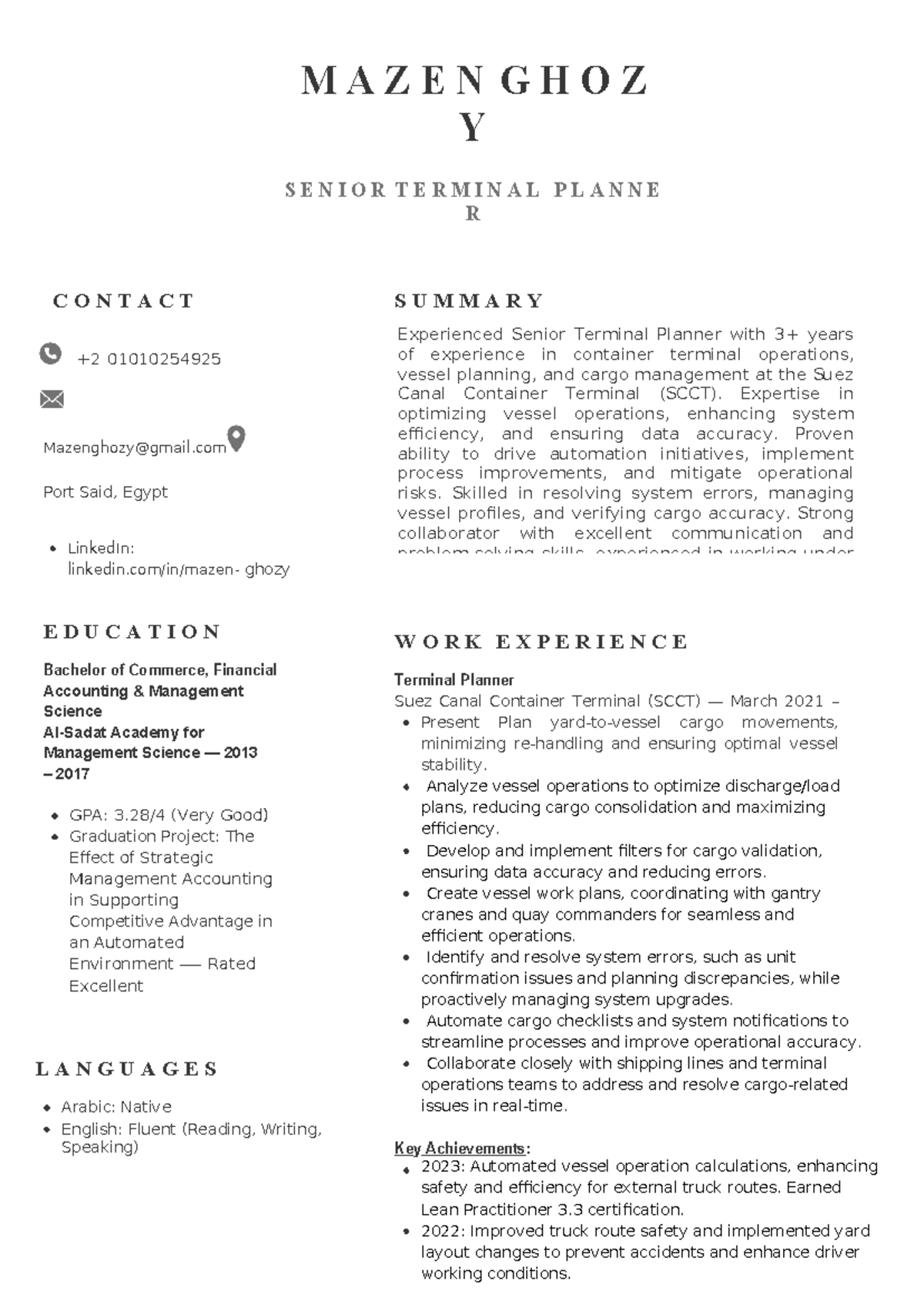 Senior Terminal Planner Resume - Maze Ghozy - Studocu