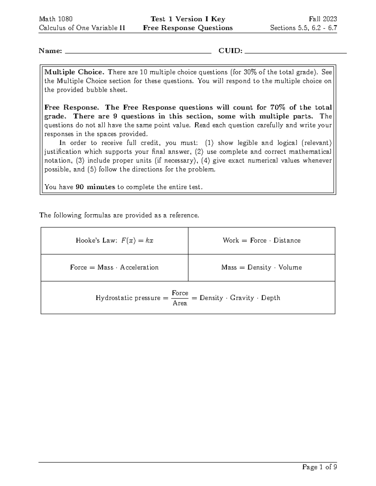 Math 1080 Calculus of One Variable II Test 1 Key - Fall 2023 - Studocu