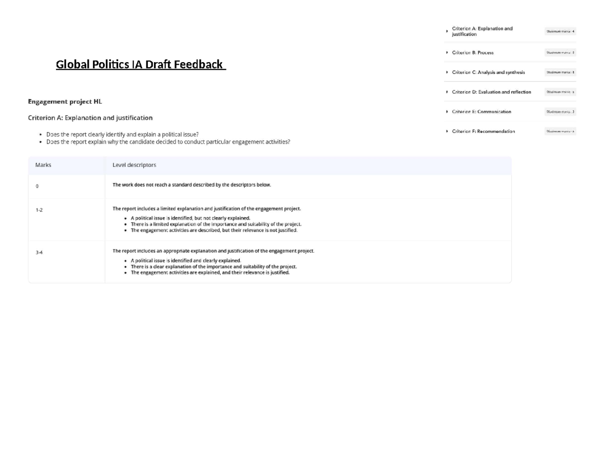 Global Politics IA Draft Feedback Rubric: Criteria A-F Evaluation - Studocu