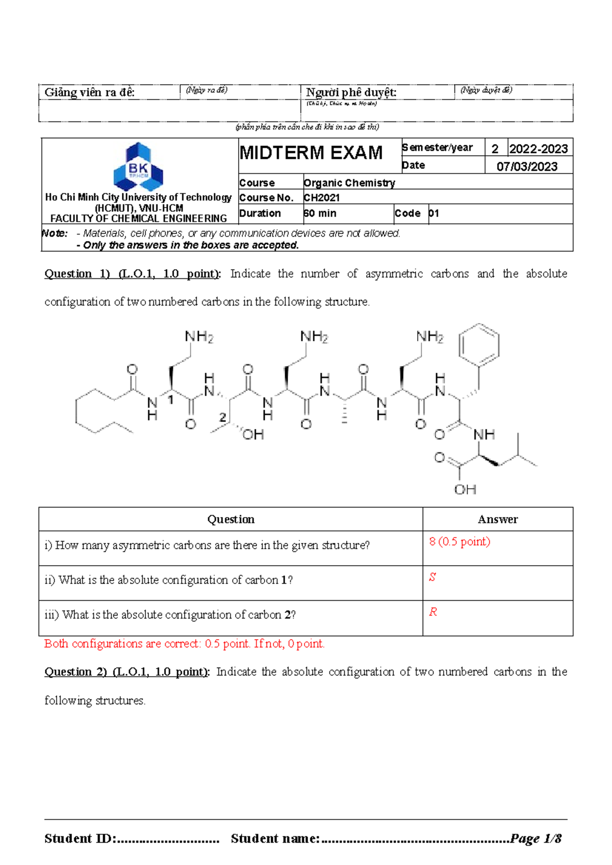Midterm 222-01: Key Answers for Organic Chemistry Exam - Studocu