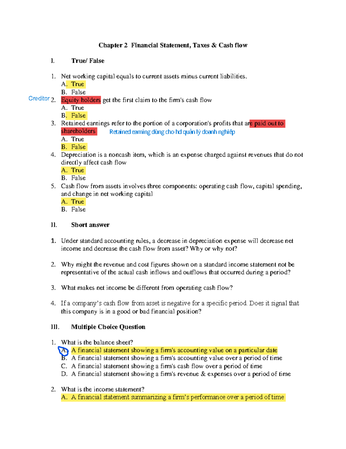 Chapter 2 Financial Statement, Taxes Cash flow Student version ...