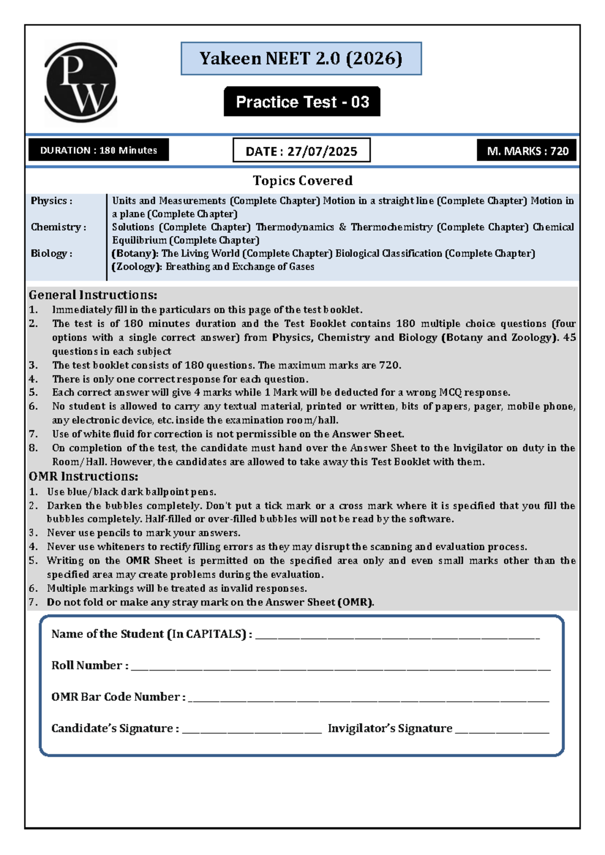 Practice Test 03 for Yakeen NEET 2.0 (2026) - Comprehensive MCQs - Studocu