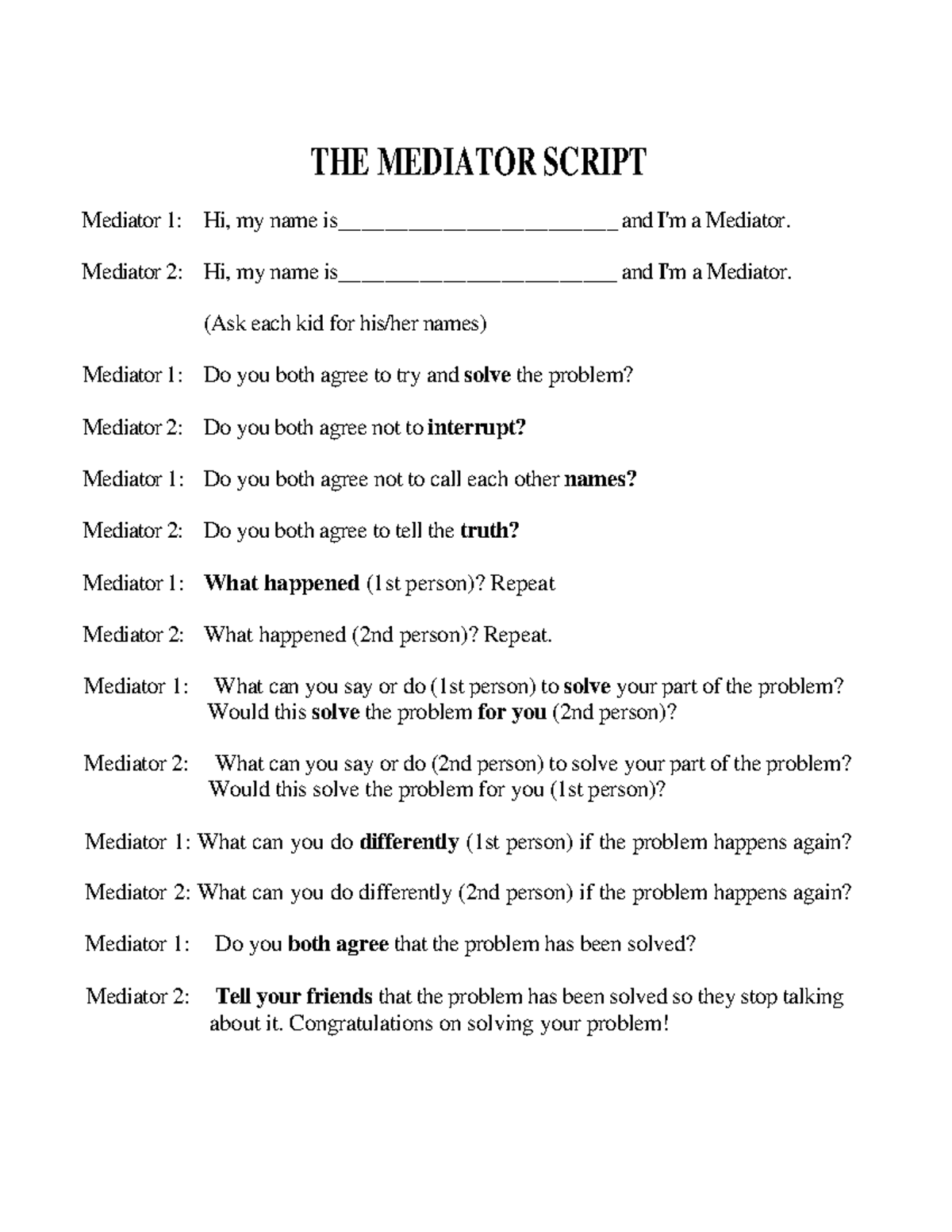 Mediator Script for Conflict Resolution and Problem Solving - Studocu
