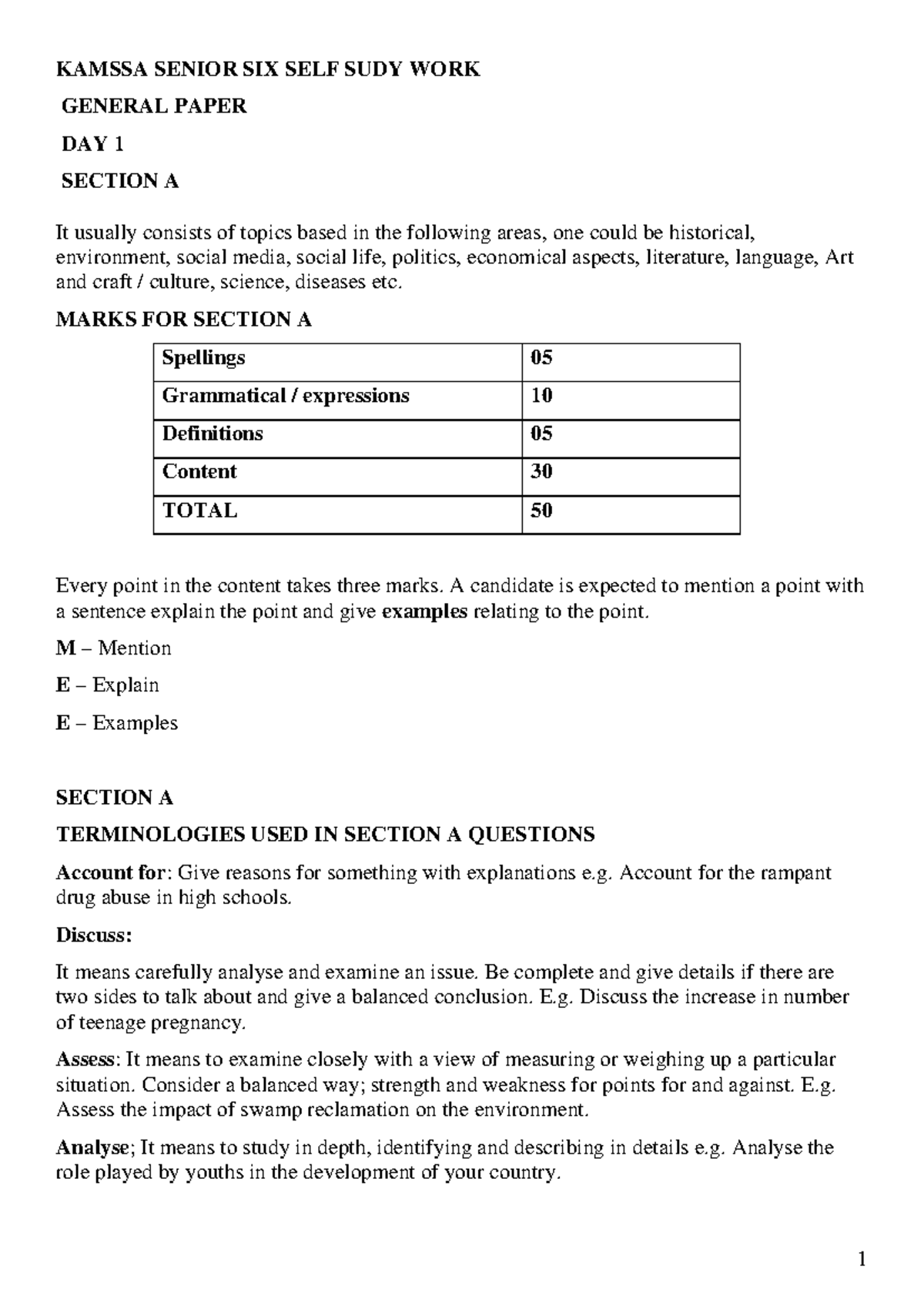 KAMSSA SENIOR SIX SELF STUDY WORK: GENERAL PAPER DAY 1 & 2 ESSAY ...