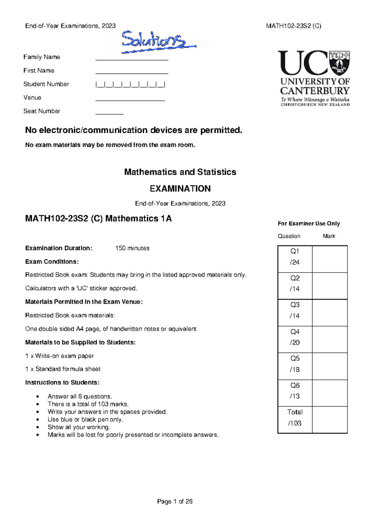 MATH102 2023S2 Final Exam Solutions for Mathematics 1A - Studocu