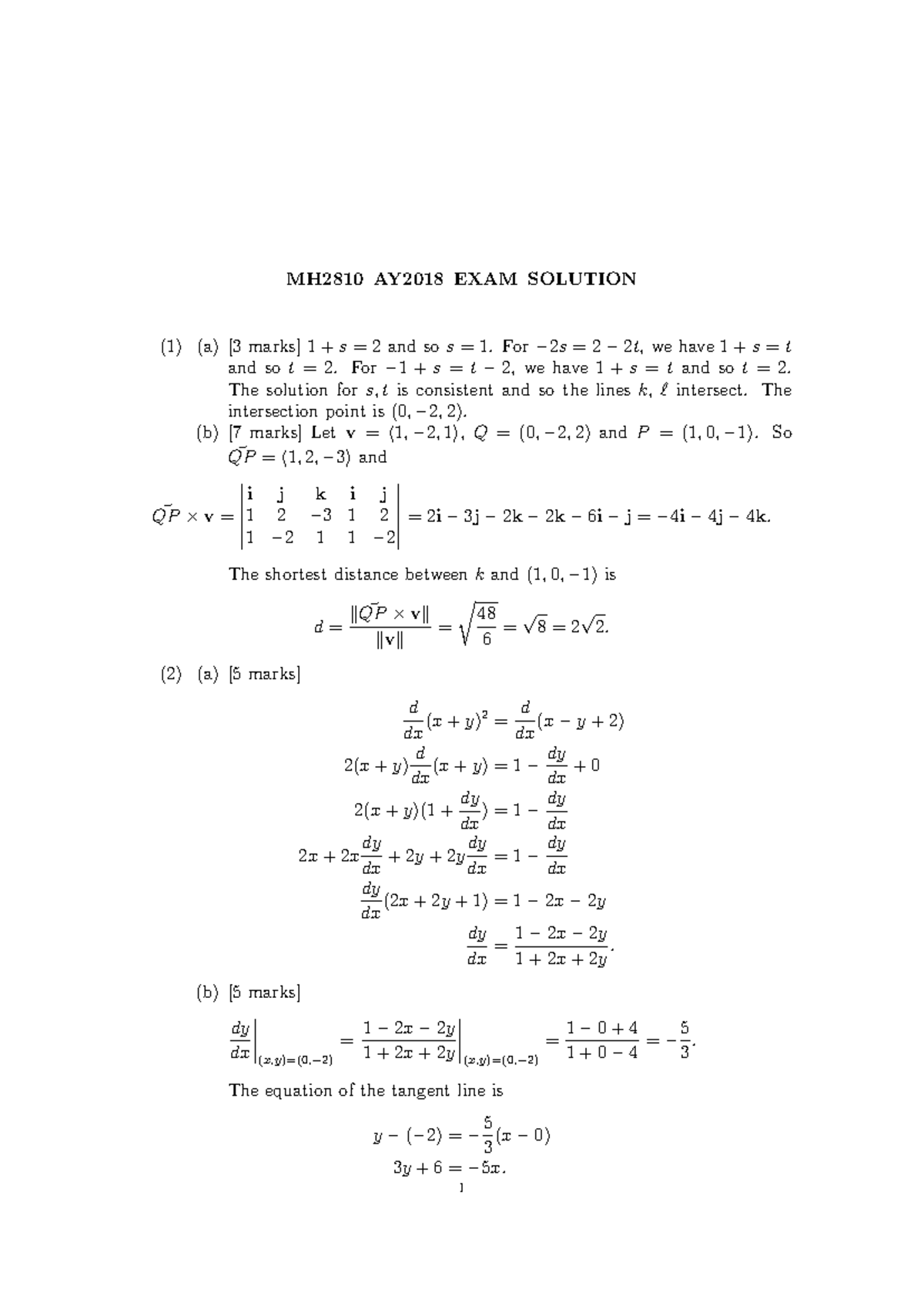 1819 Solution revised 18 NOV - (1) (a) [3 marks] 1 + s = 2 and so s = 1 ...