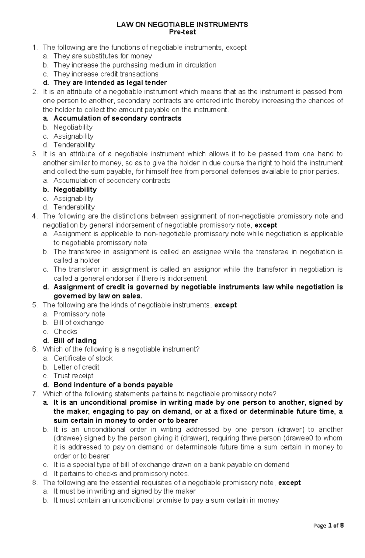 LAW ON NEGOTIABLE INSTRUMENTS: PRETEST QUESTIONS & ANSWERS - Studocu