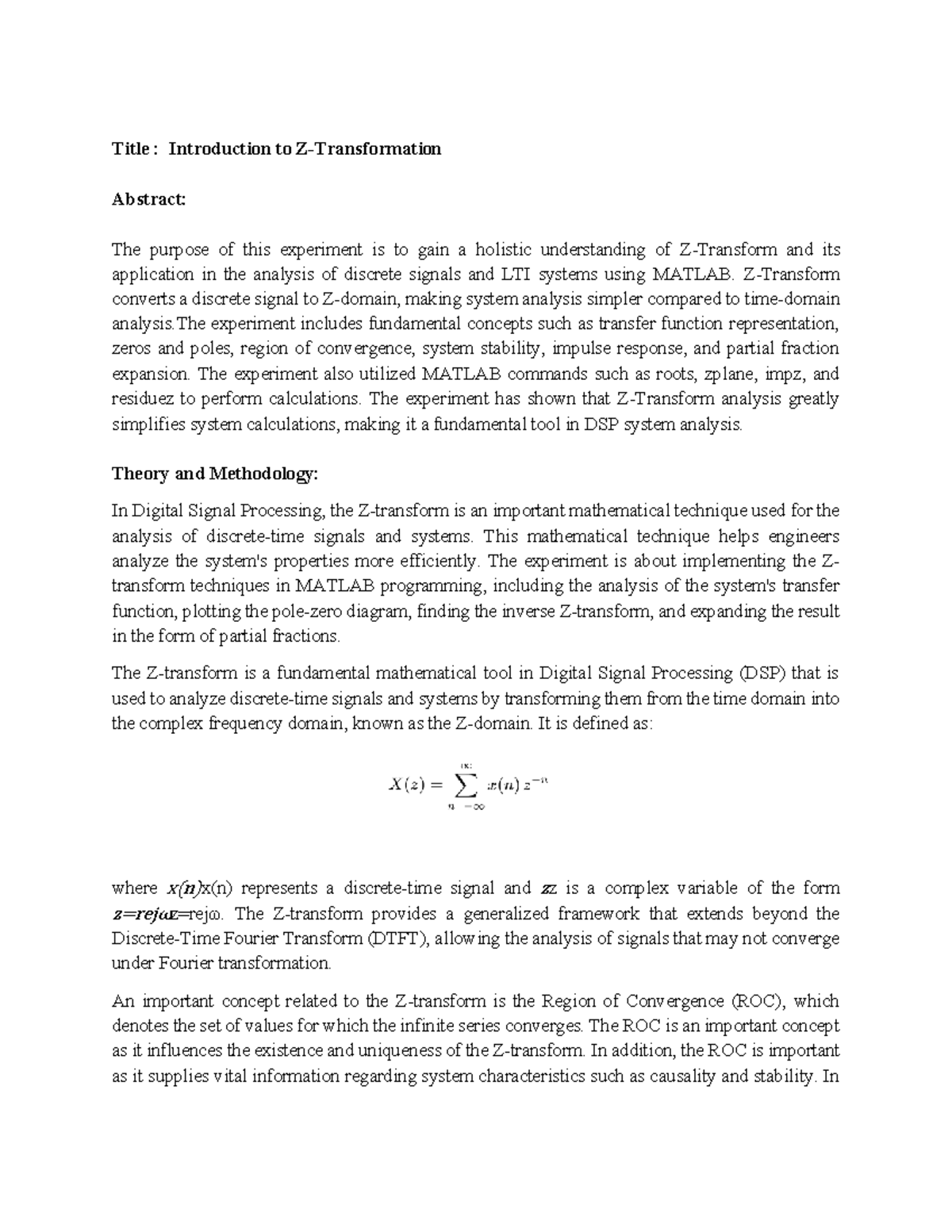 DSP Lab 4: Z-Transform Analysis and MATLAB Implementation - Studocu