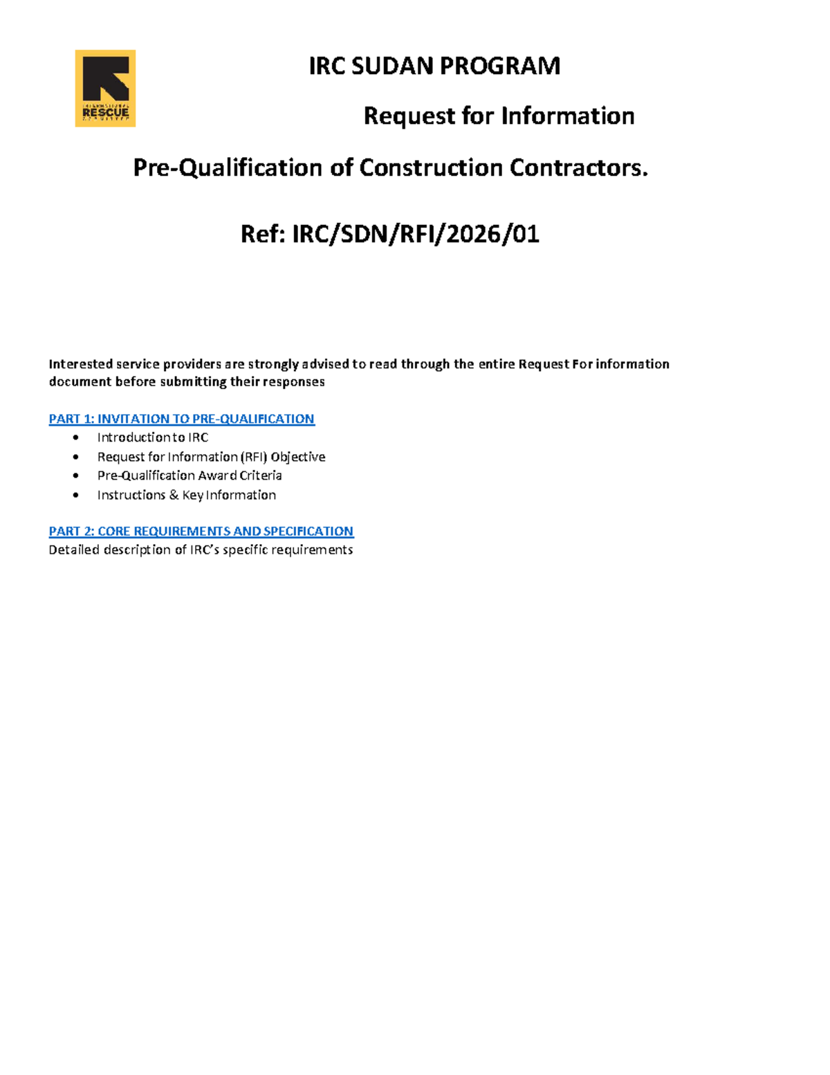 RFI for Construction Contractors Prequalification - IRC Sudan 122026 ...