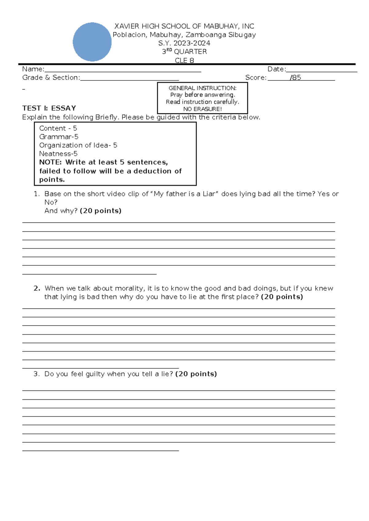 3rd Quarter CLE 8 - Essay Test on Morality and Lying - Studocu