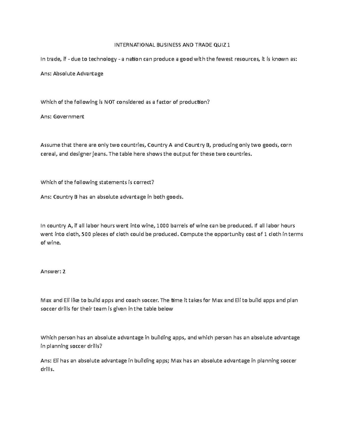 IBT QUIZ 1 - Key Concepts in International Business and Trade - Studocu