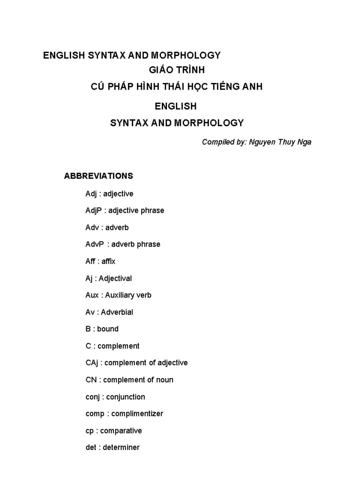ENGLISH SYNTAX AND MORPHOLOGY: A Comprehensive Guide - Studocu