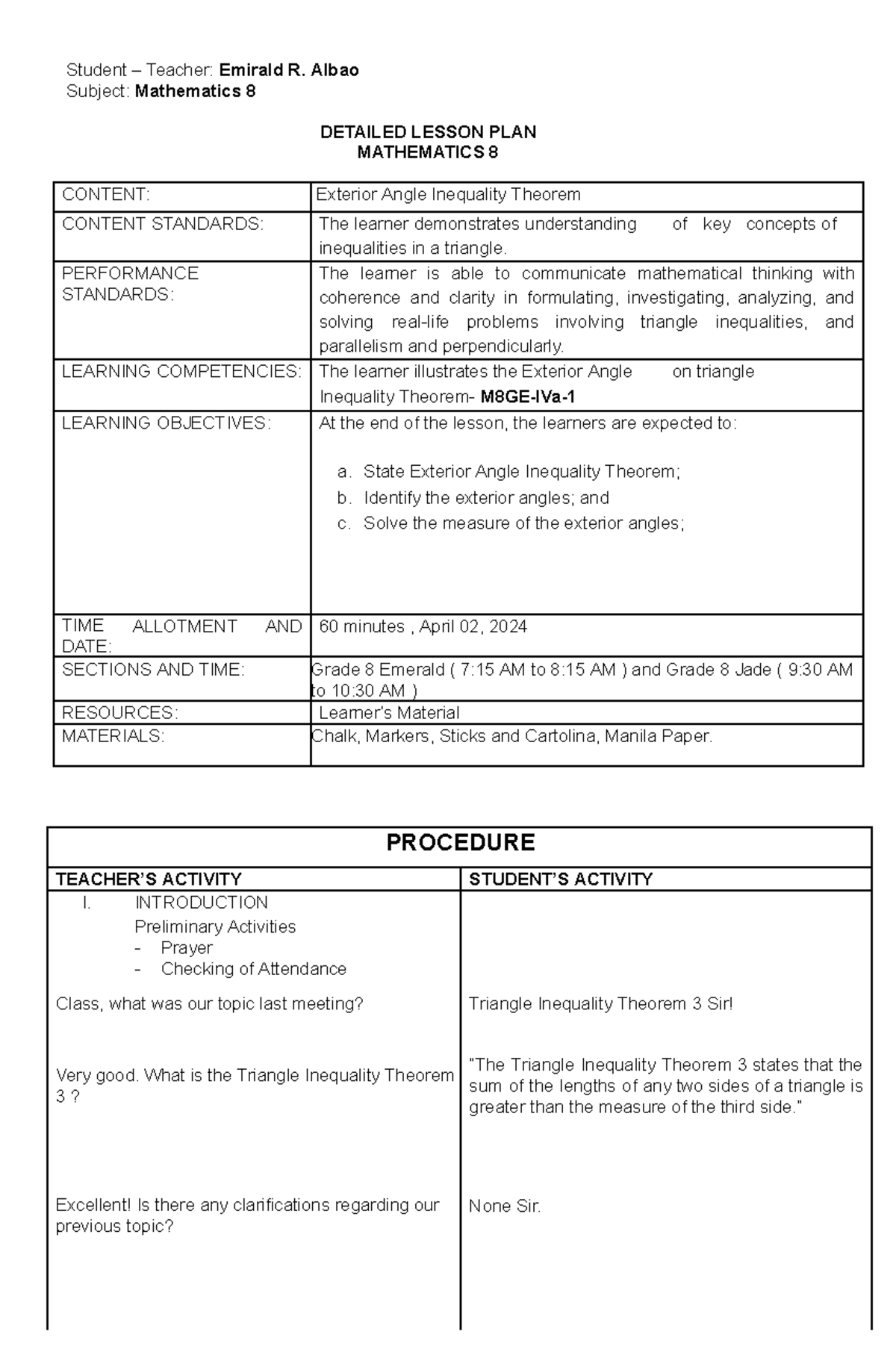 DLP Math 8 (week 1) - Daily lesson plan - Student – Teacher: Emirald R ...