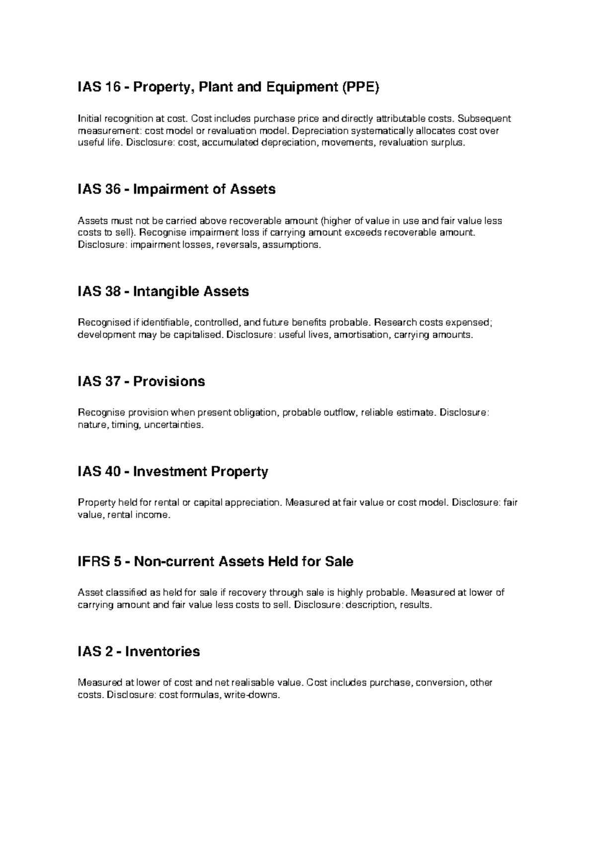 Accounting Notes on IFRS: IAS 16, 36, 38, 37, 40, 5, 2 - Studocu