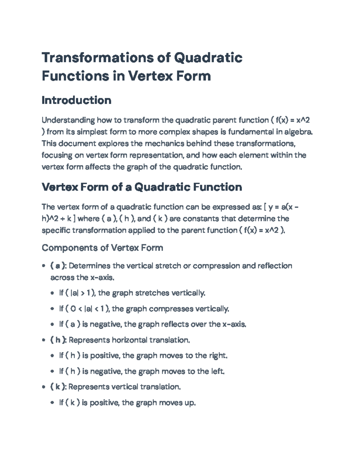 Transformations of Quadratic Functions in Vertex Form (Algebra ...