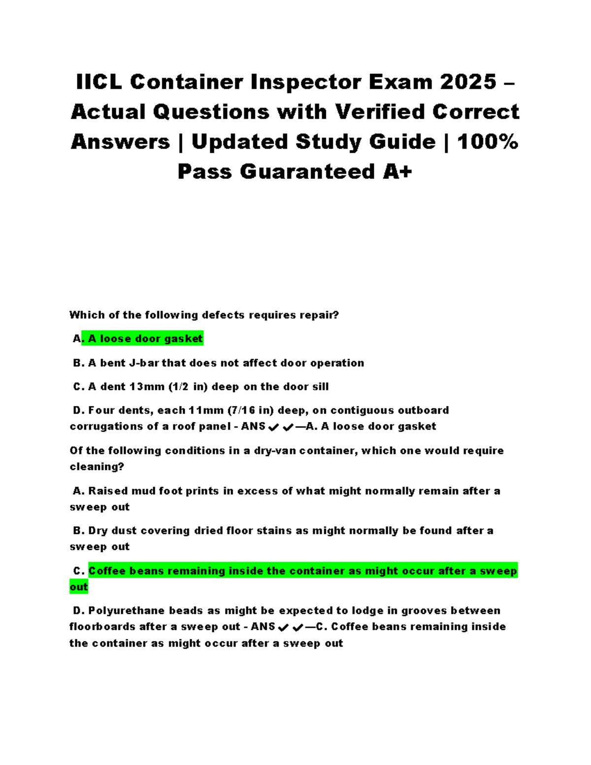 IICL Container Inspector Exam 2025: Actual Questions & Answers Guide ...