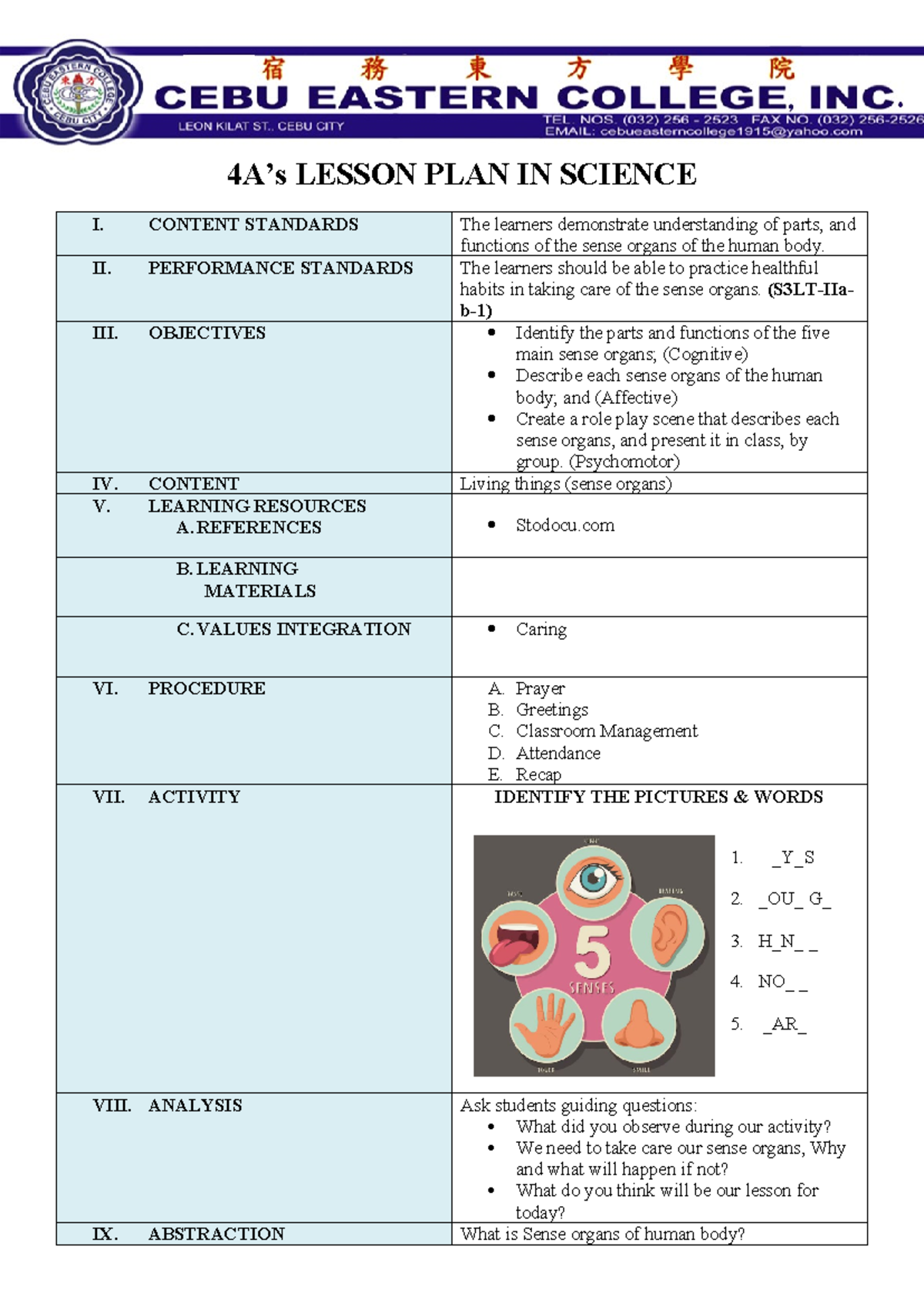 Lesson Plan in Science: Understanding Human Sense Organs - Studocu