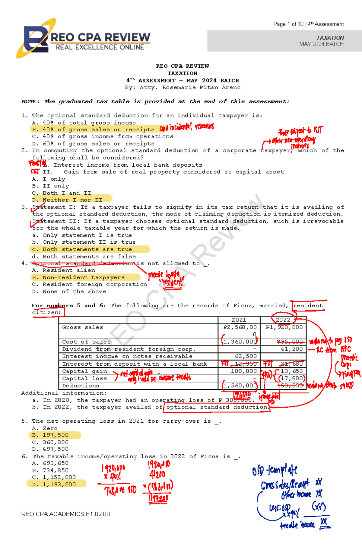 TAX 4th Assessment May 2024 Batch: Annotated Review Notes - Studocu