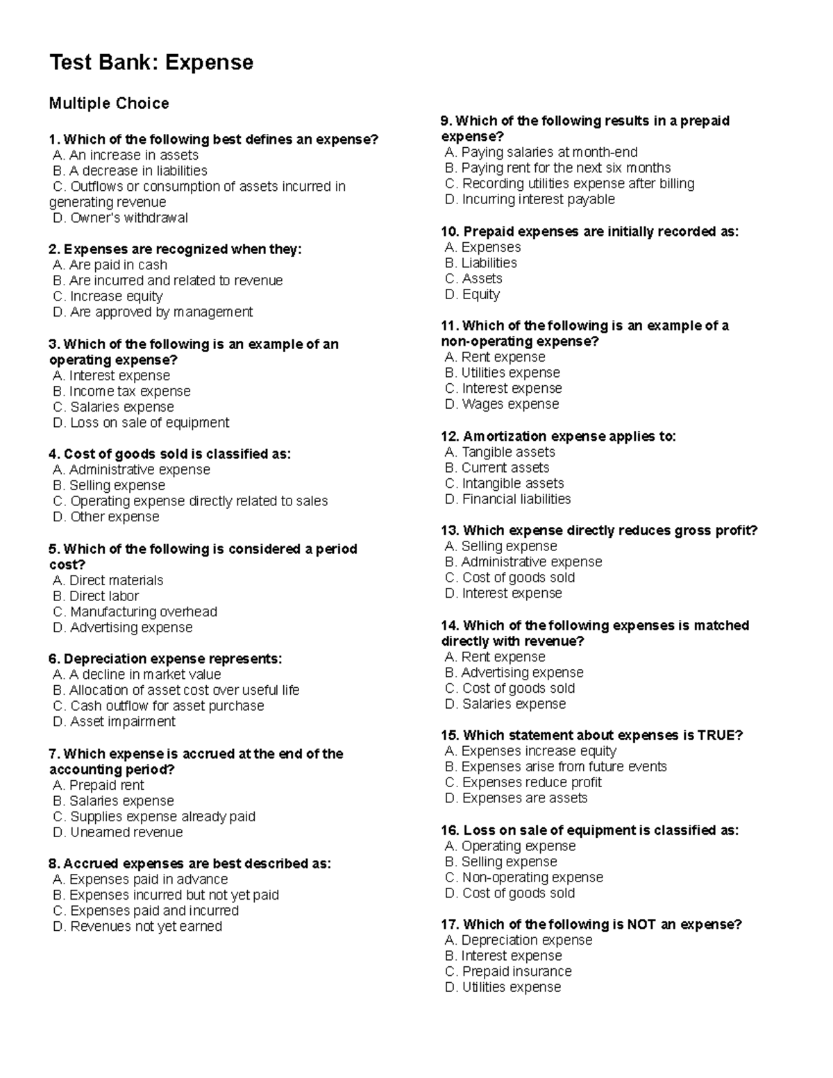 Expense Test Bank: Multiple Choice Questions on Expenses - Studocu