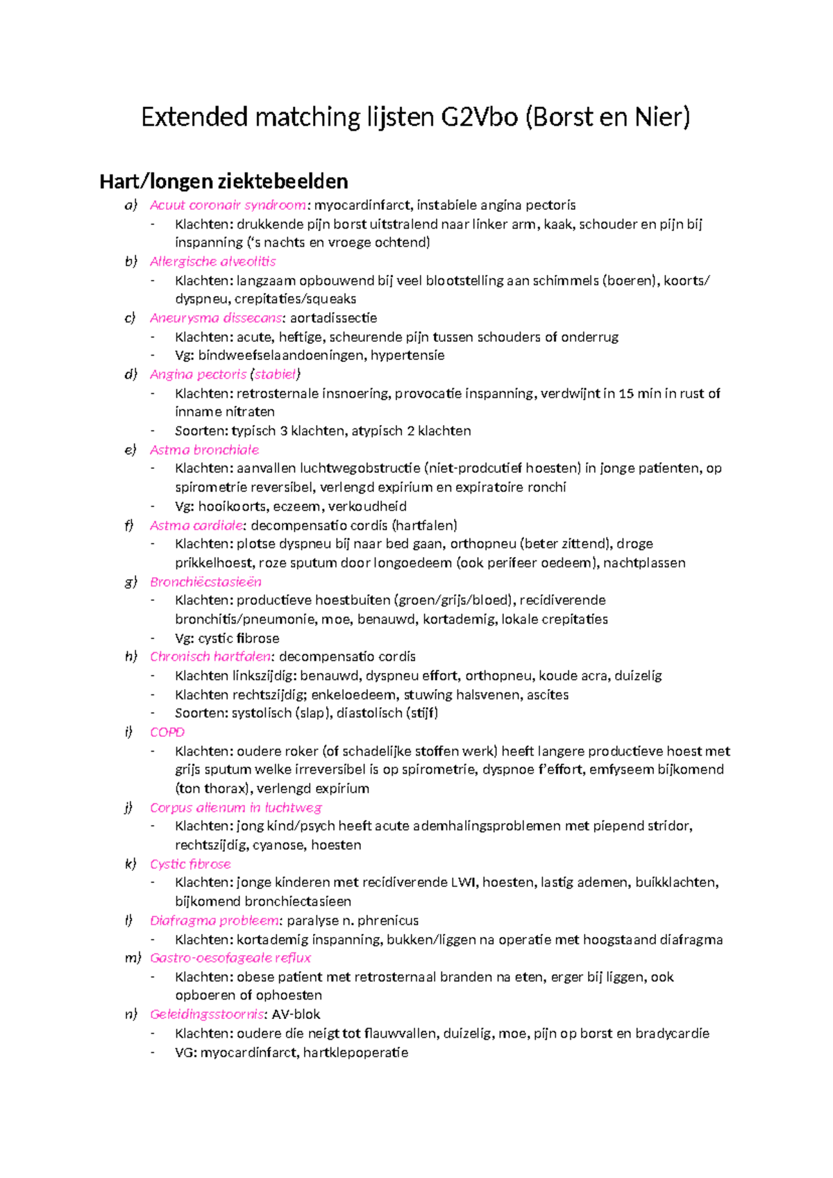 Extended Matching Lists for G2Vbo: Cardiac and Respiratory Conditions ...