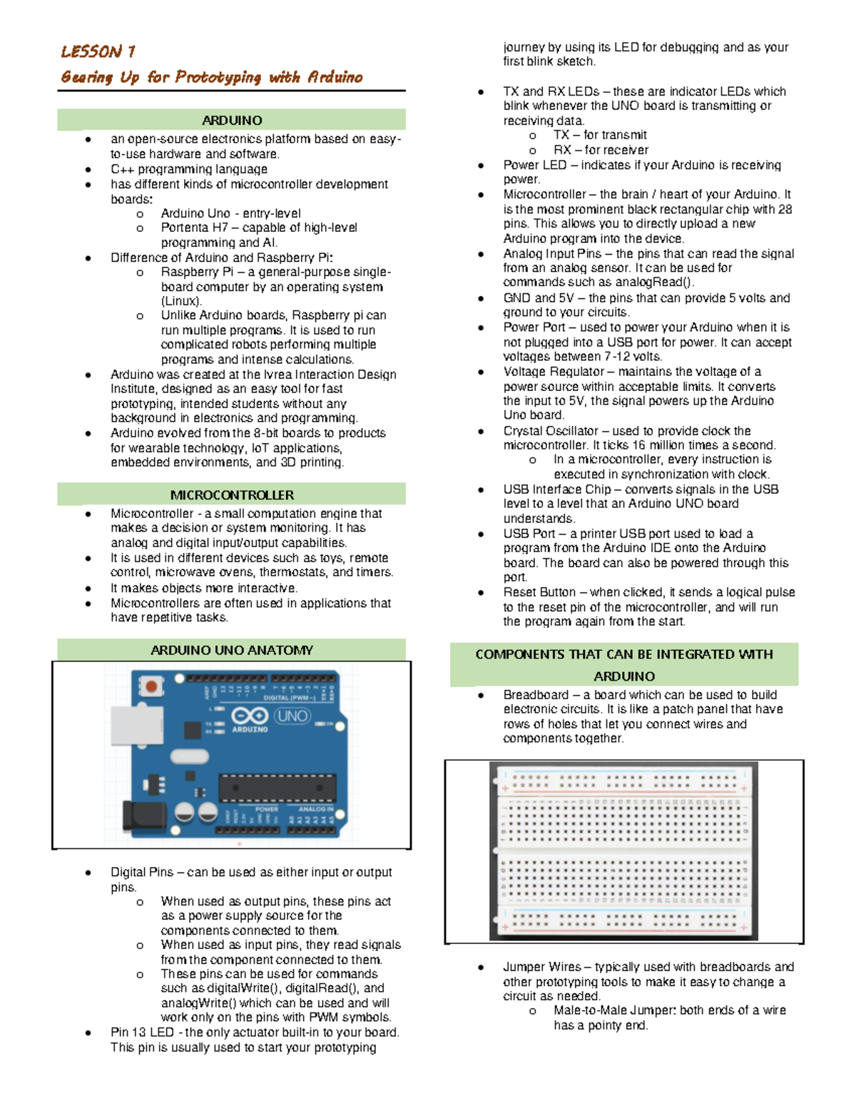 Arduino Prototyping Basics - Lesson 1 & 2 Overview - Studocu