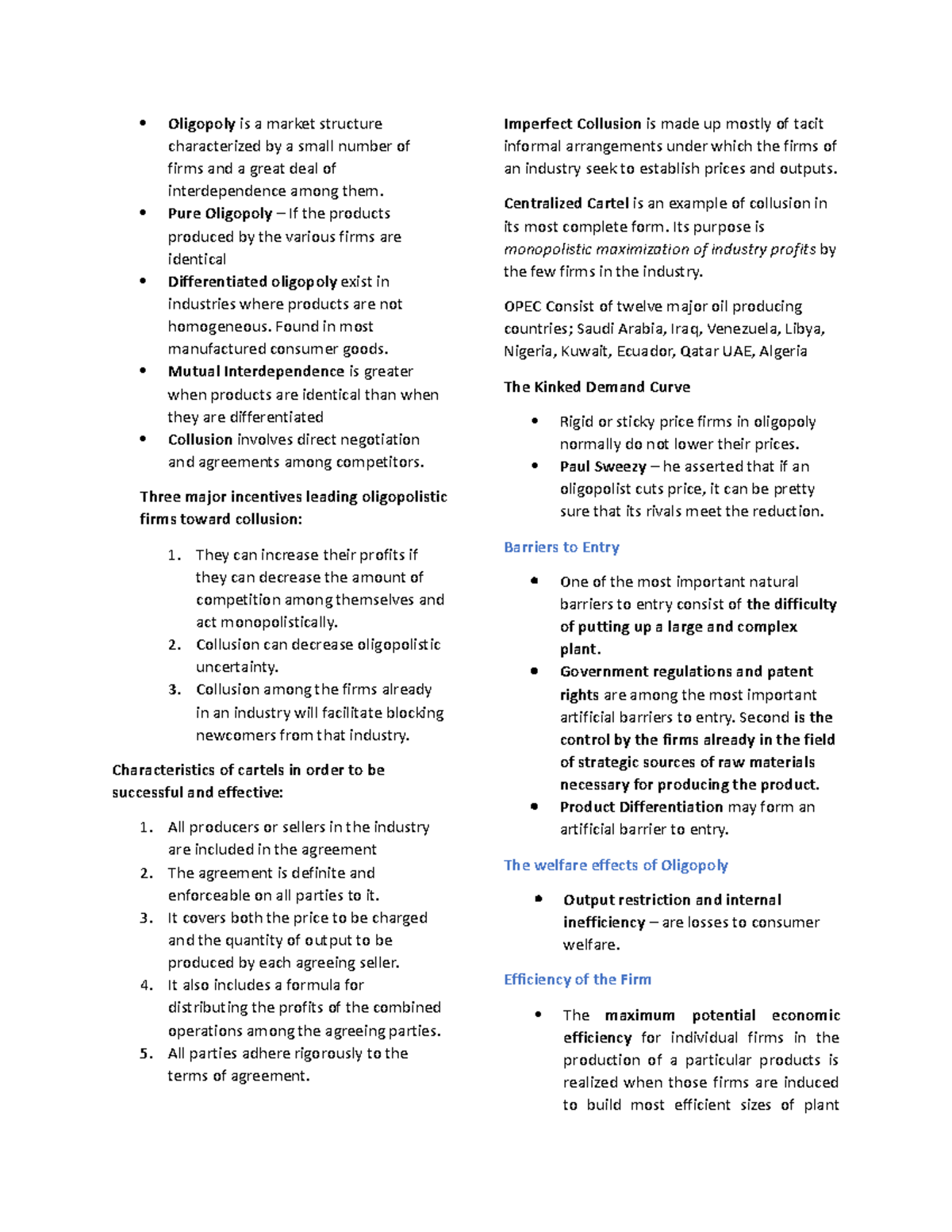 Oligopoly notes - Oligopoly is a market structure characterized by a ...