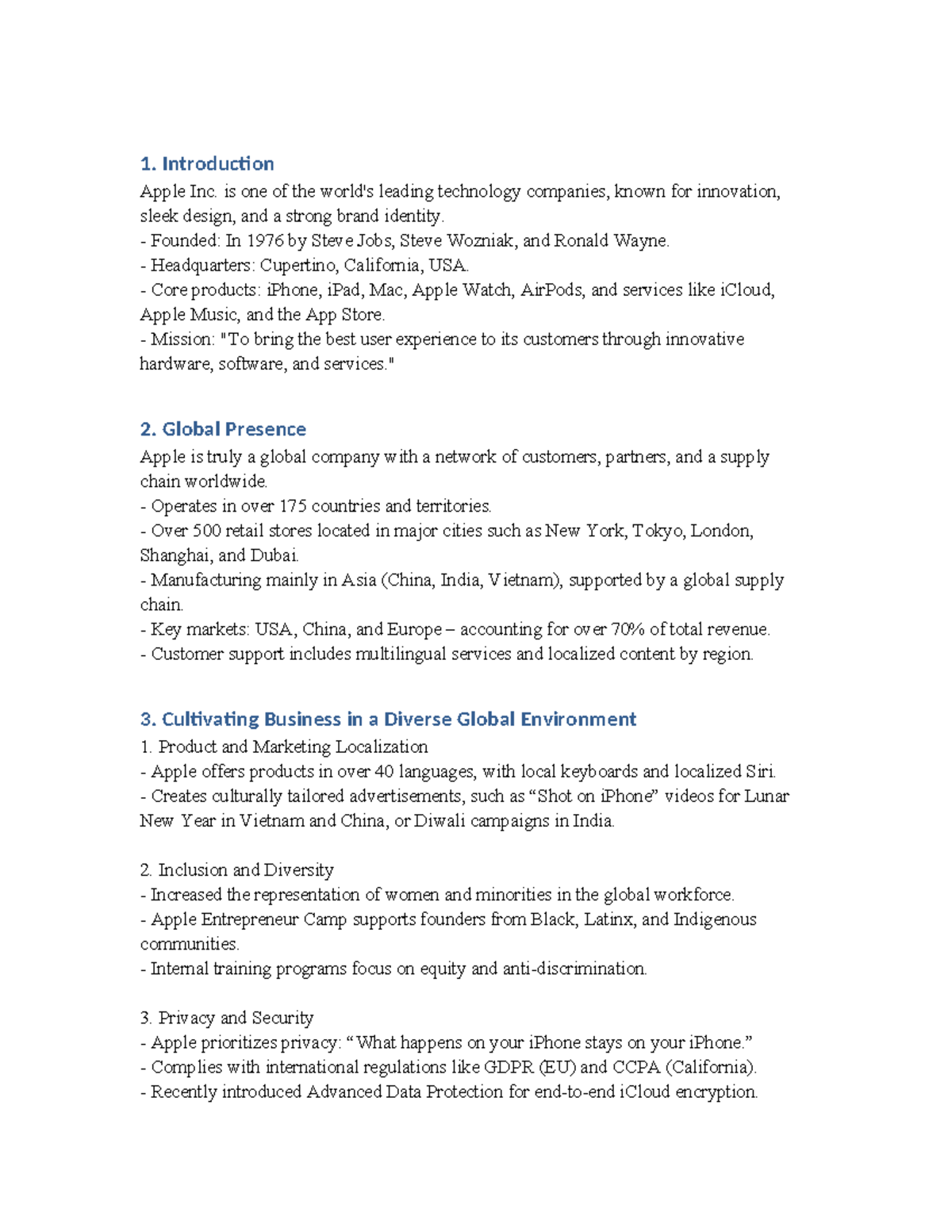 Apple Global Strategy: Innovation, Diversity, and Market Presence - Studocu