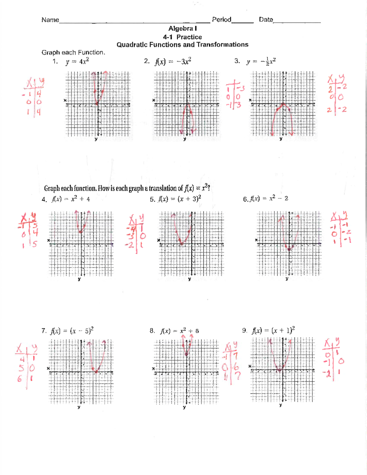 4-1 Quadratic Function and Transformations Practice - Name Period Date ...