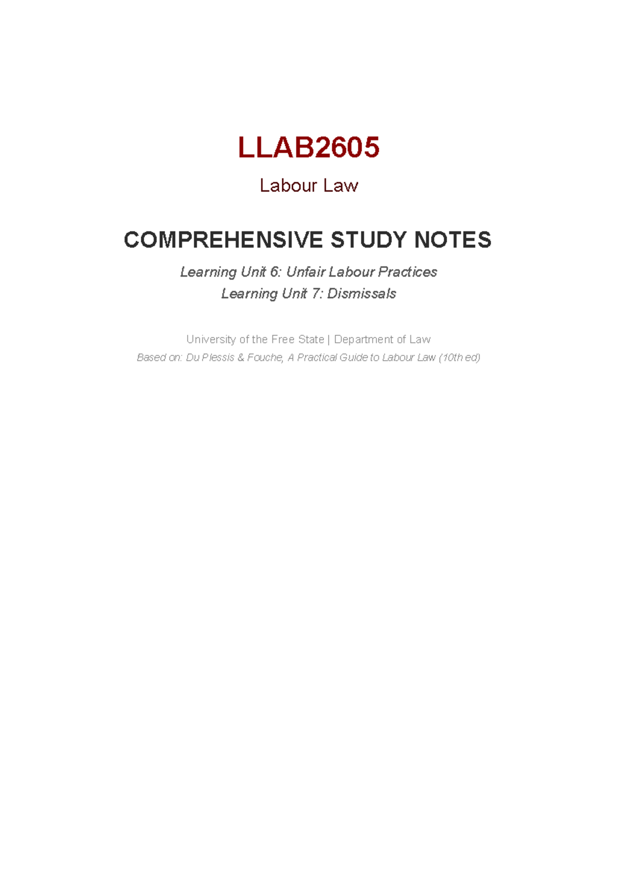 LLAB2605 Labour Law Study Notes: Units 6 & 7 on ULPs and Dismissals ...