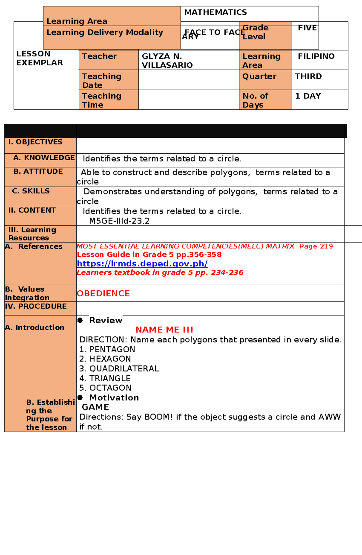COT MATH 5 Q3 - Lesson Plan on Circles and Polygons by Teacher Glyza N ...