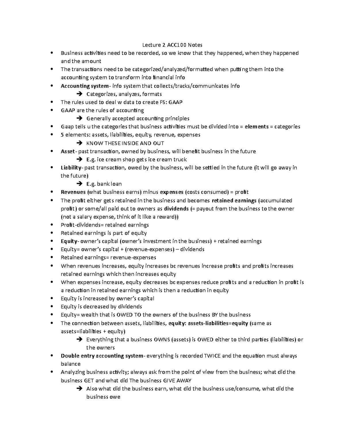Lecture 2 ACC100 Notes - Chapter 2: The accounting equation and ...