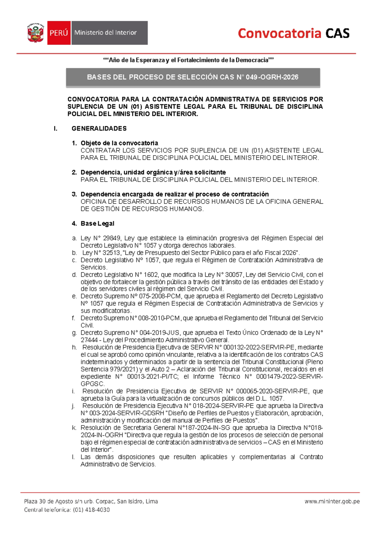 Bases del Proceso de Selección CAS 049-OGRH-2026 para Asistente Legal ...
