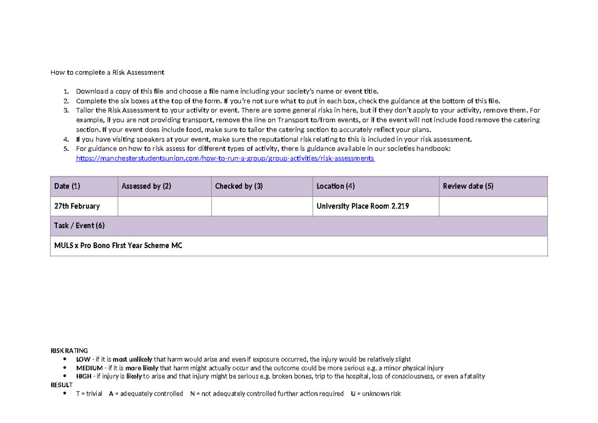 MULS Pro Bono First Year Scheme: Risk Assessment Guide - Studocu