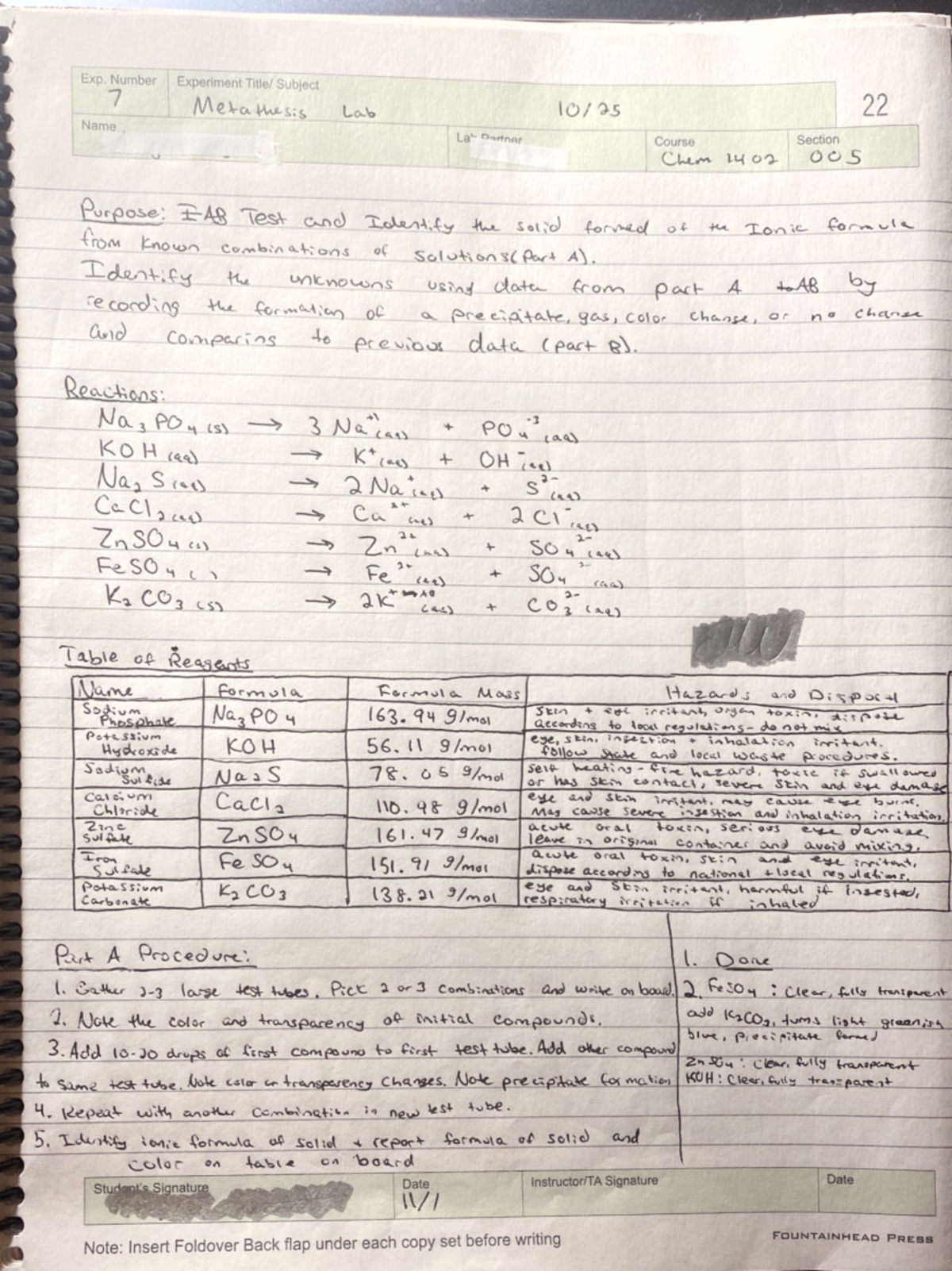 Gen Chem 1 Lab 7 Metathesis Lab - Exp. Number Experiment Subject 7 ...