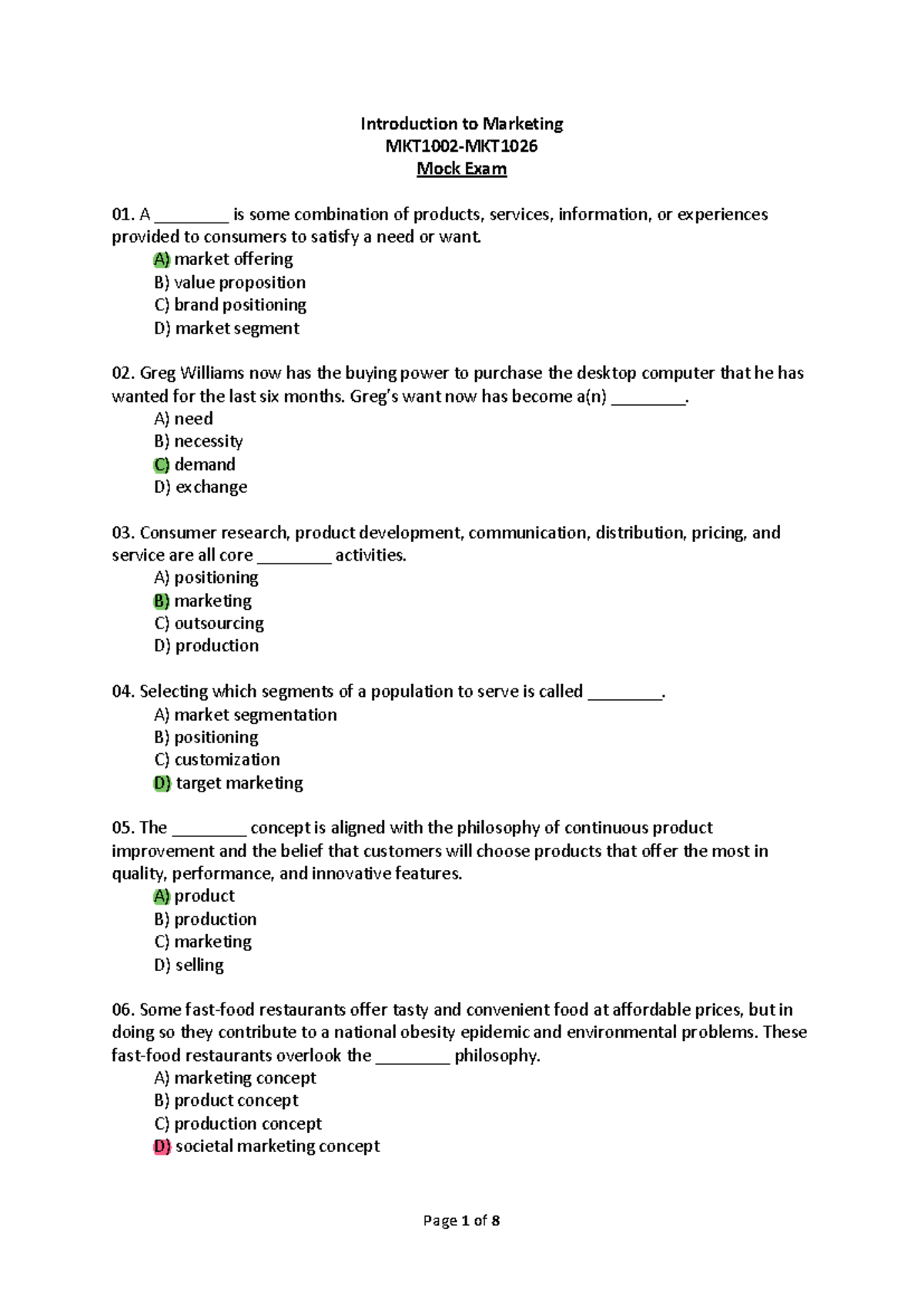 MKT1002-MKT Mock Exam Answers for Introduction to Marketing - Studocu