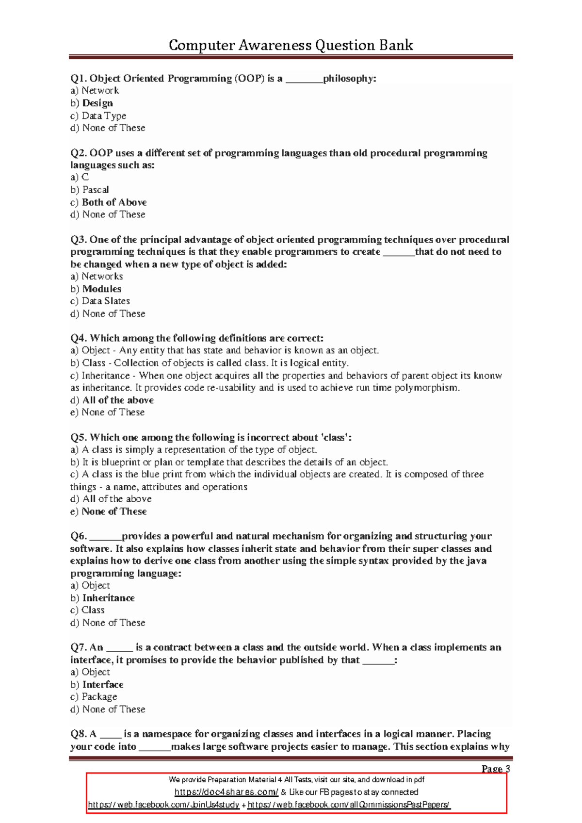 500 Computer Awareness Questions and Answers PDF - Q1. Object Oriented  Programming (OOP) is a - Studocu