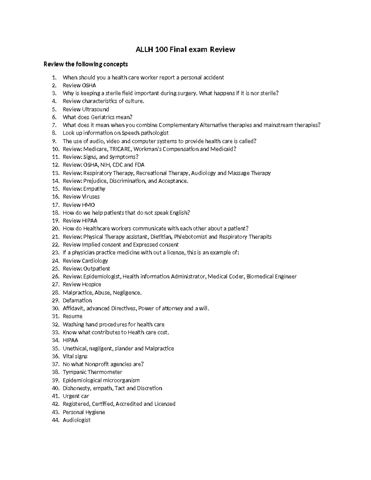 ALLH 100 Final Exam Review: Key Concepts and Guidelines - Studocu