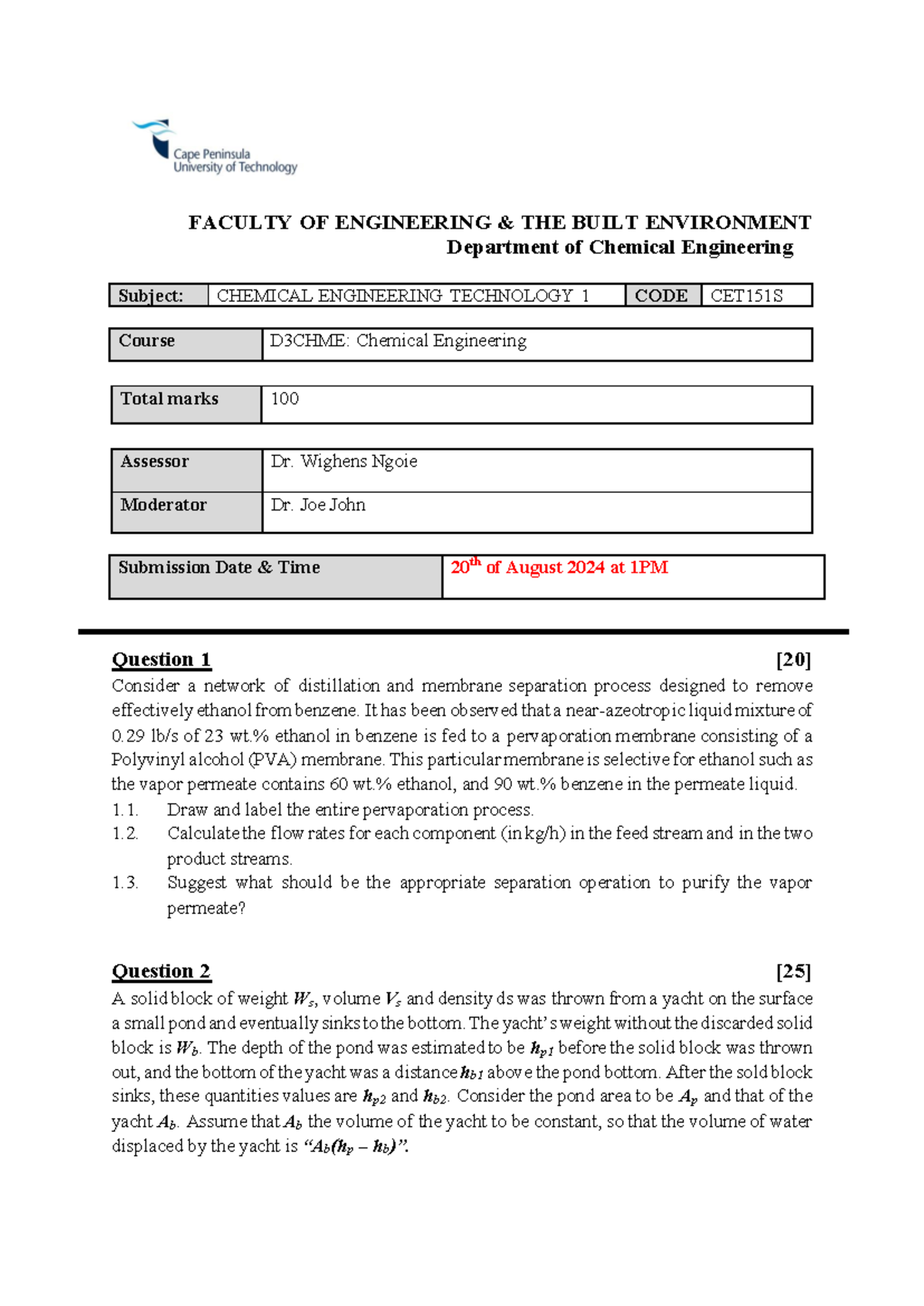 CET151S Chemical Engineering Technology 1 Assignment D20 - Studocu