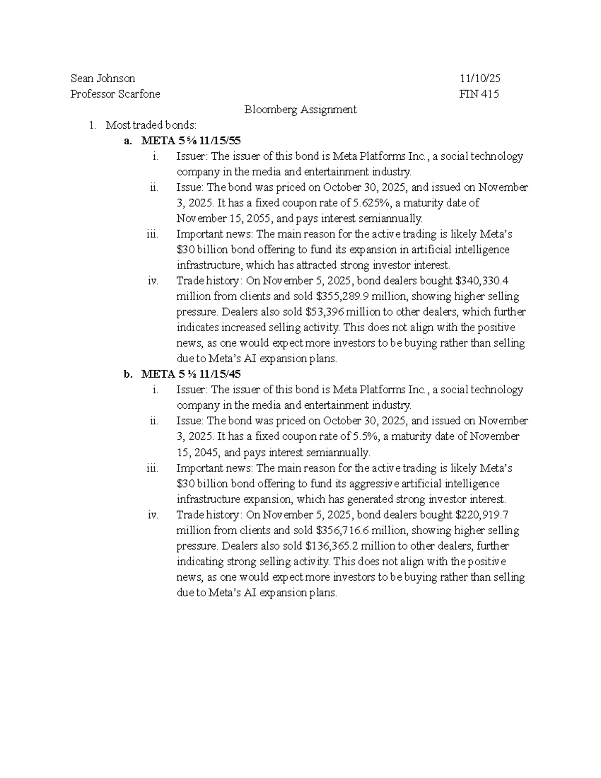 Bloomberg Assignment: Analysis of Traded Bonds in FIN 415 - Studocu