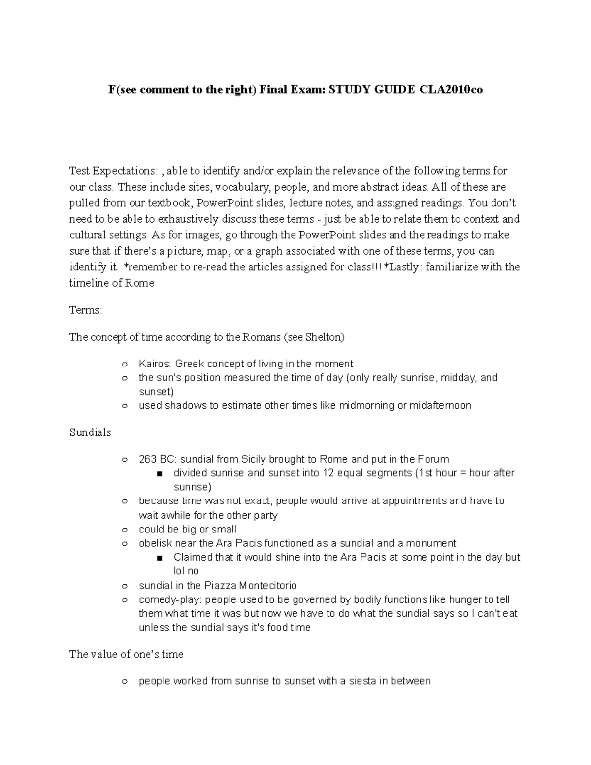 Final Exam Study Guide for CLA2010: Key Terms and Concepts - Studocu