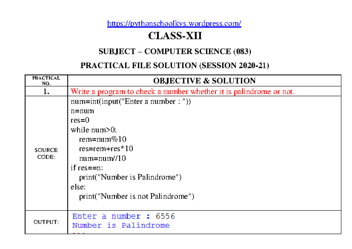 CS 083 Practical File Solutions for Class XII (Session 2020-21) - Studocu