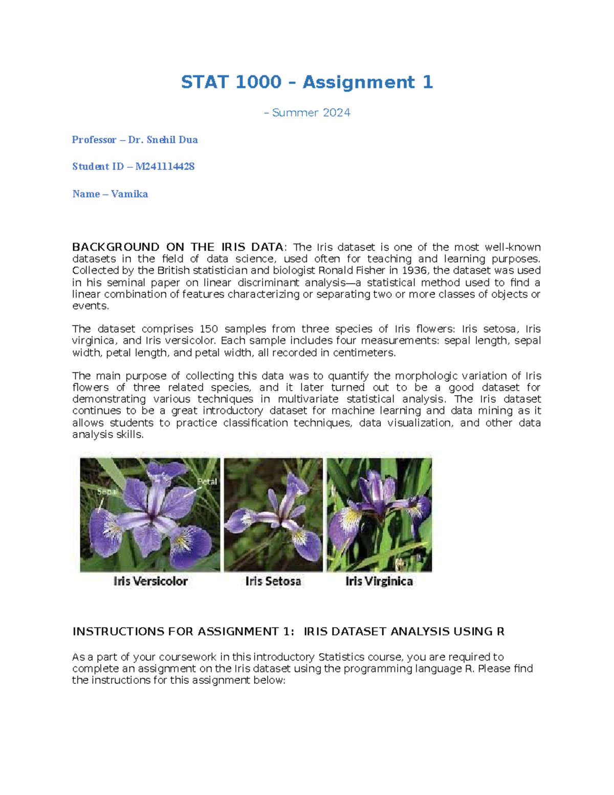STAT1000 Assignment 1: Analysis of the Iris Dataset Using R - Studocu